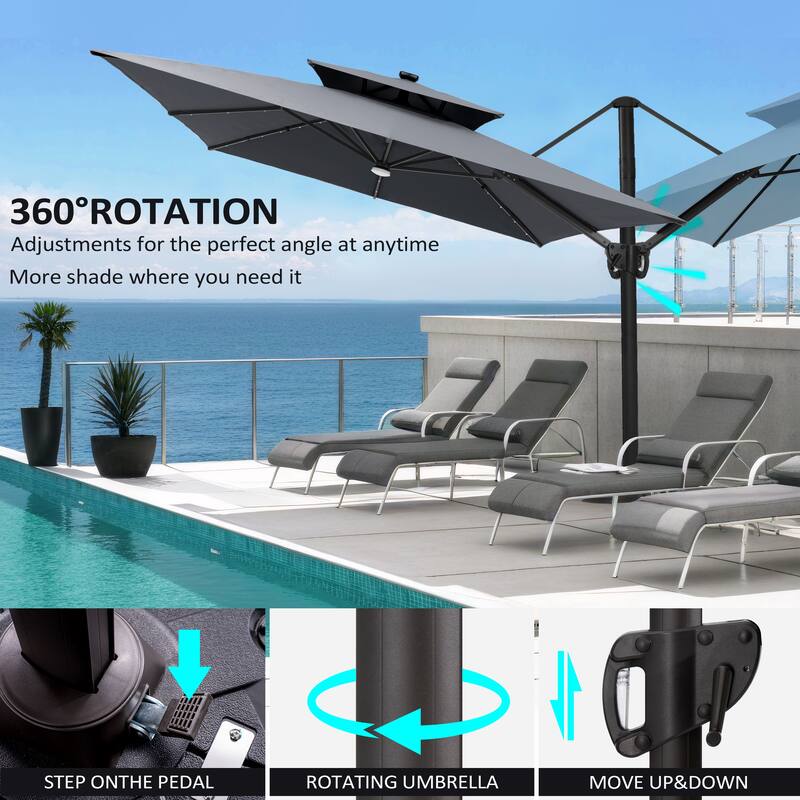 9 X 11 FT Outdoor Patio Cantilever Umbrella with Solar Lights 4-Piece Premium Base Double Canopy 360 Rotation Tilt