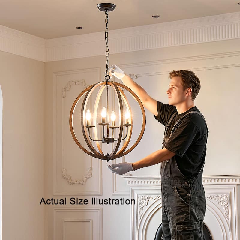 Benita Antique Black Natural Wood Orb Chandelier