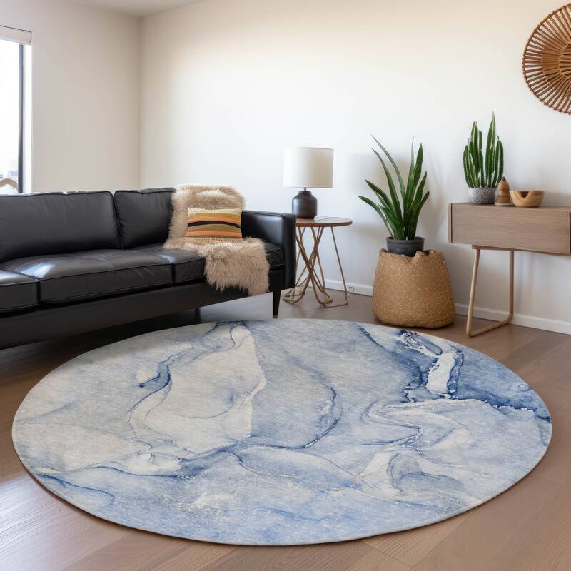 Premium Washable Super Soft Abstract Contemporary Mayfield Rug - Navy - 8' x 8' - Round