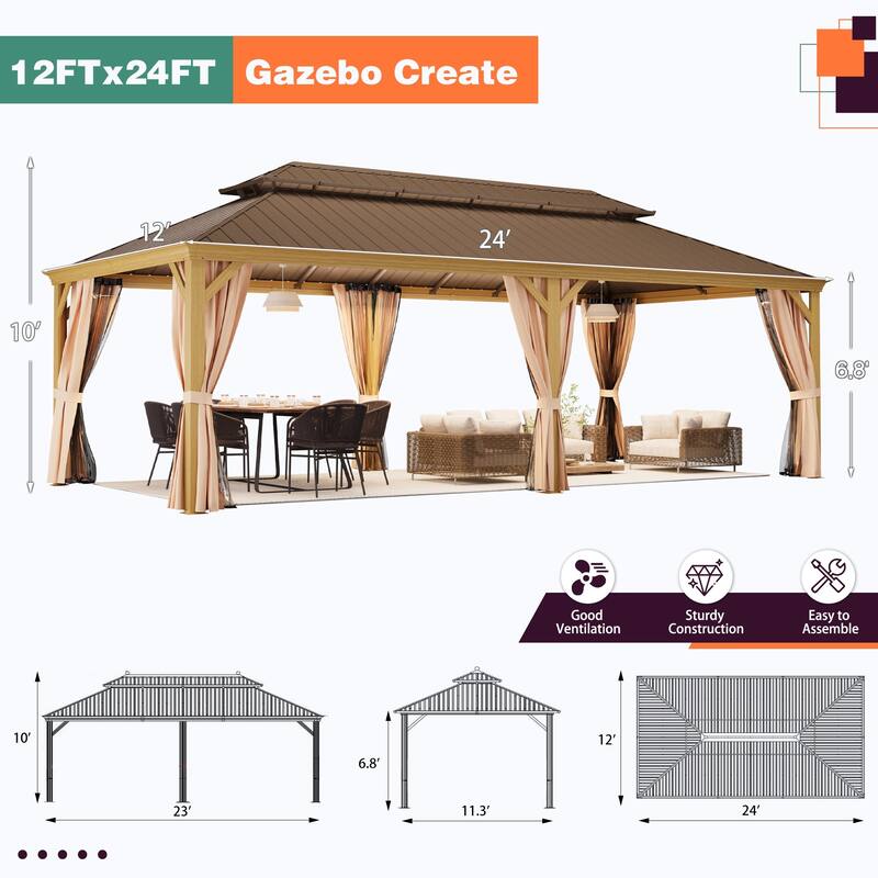 Wooden-Finish Aluminum Frame Outdoor Hardtop Gazebo with Galvanized Steel Double Roof, Premium Curtains, and Netting