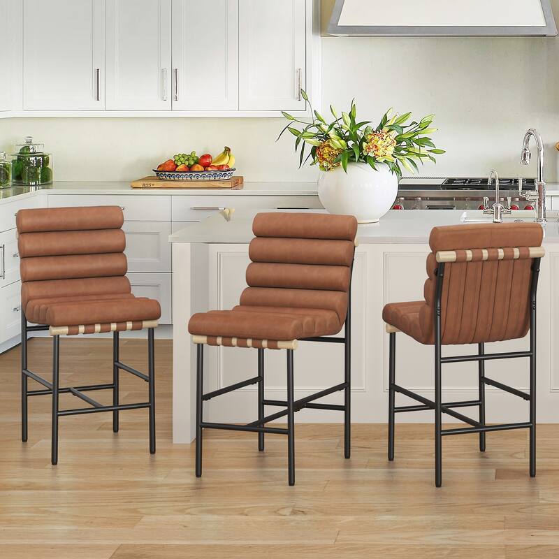 26" Counter Height Solid Wood and Metal Frame Barstool Upholstered Back Bar Stool for Kitchen Island - Brown/Faux Leather - Set of 3