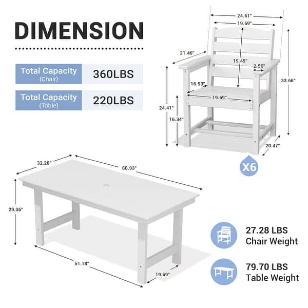 dimension image slide 5 of 6, 7-Piece HDPE Outdoor Dining Table Sets with Umbrella Hole - 1-Table 6-Chairs