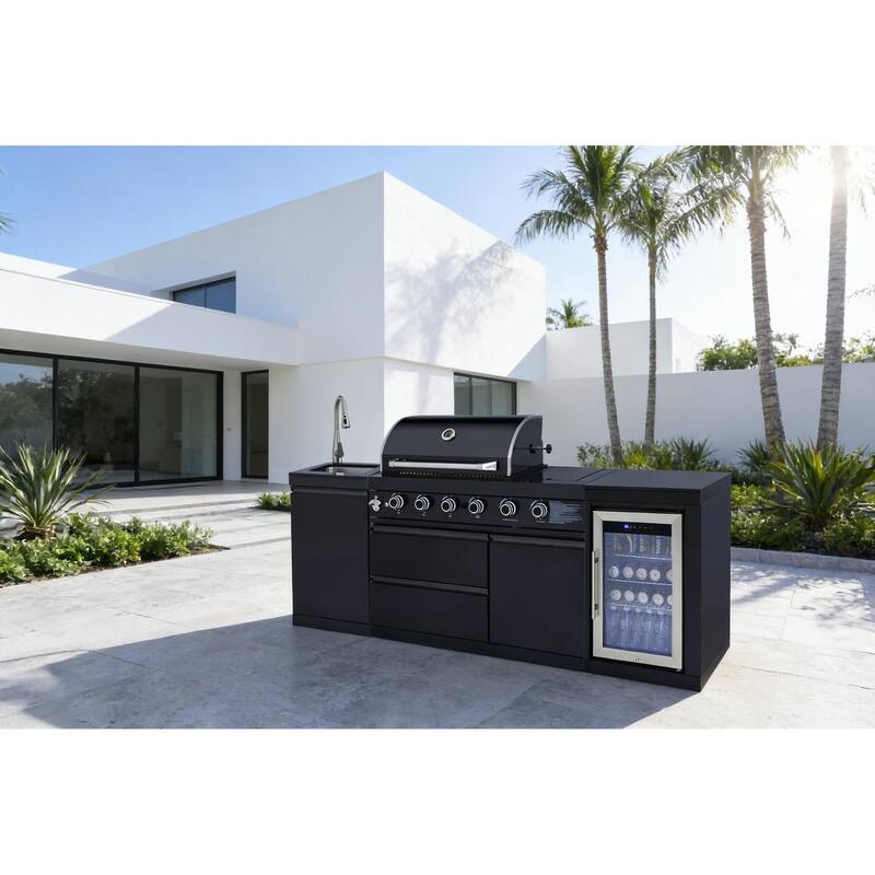 GDFStudio Xaviron Stainless Steel Outdoor Kitchen Island Grill with 4 Burners, Rotisserie and Refrigerator