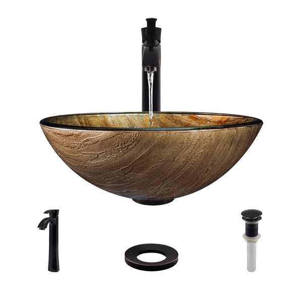 Rene R5-5030-R9-7006 16-1/2" Glass Vessel Bathroom Sink with Vessel Faucet, Sink Ring, and Vessel Pop-Up Drain