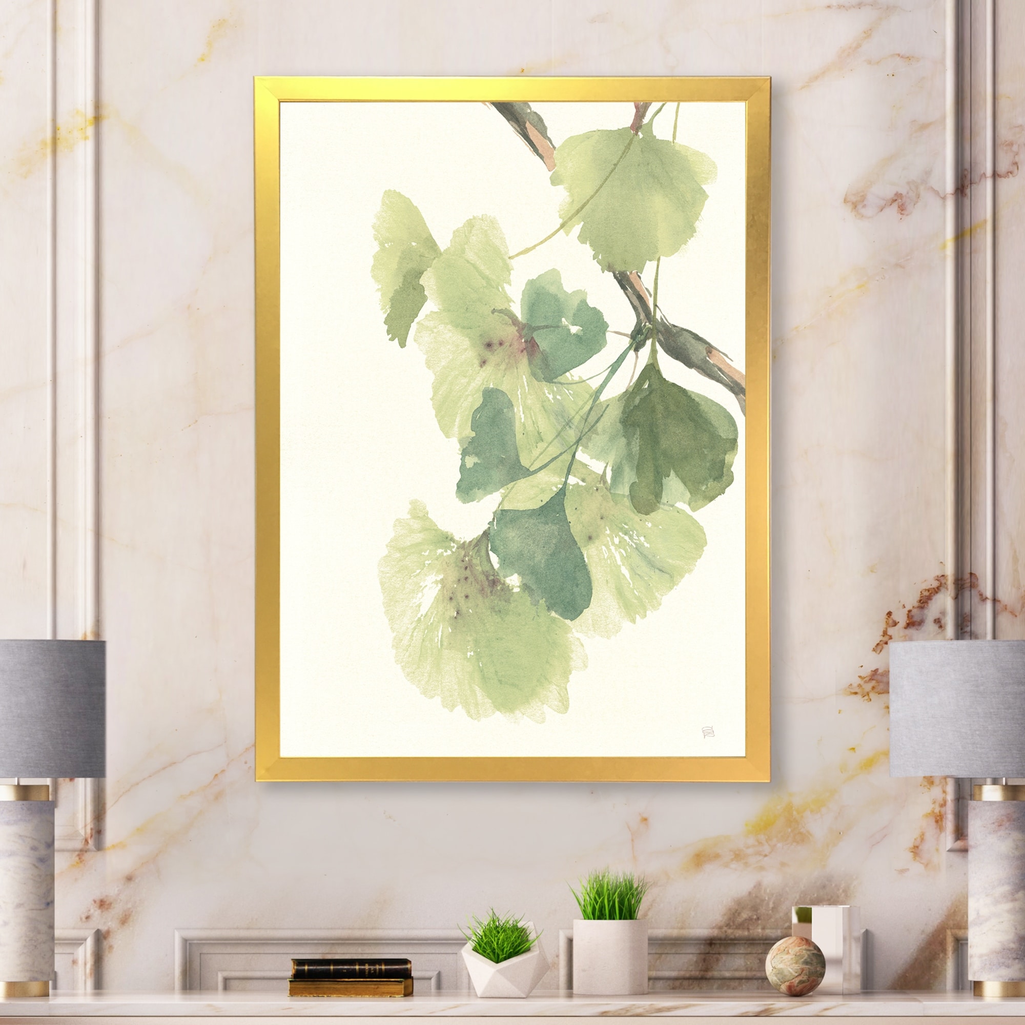 Designart Watercolor Gingko Leaves II Cabin Lodge Framed Art Print - - 30233506