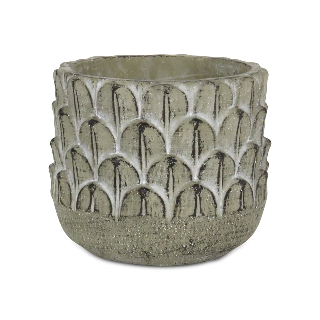 Gray Cement Round Pot with Overlapping Feather Pattern