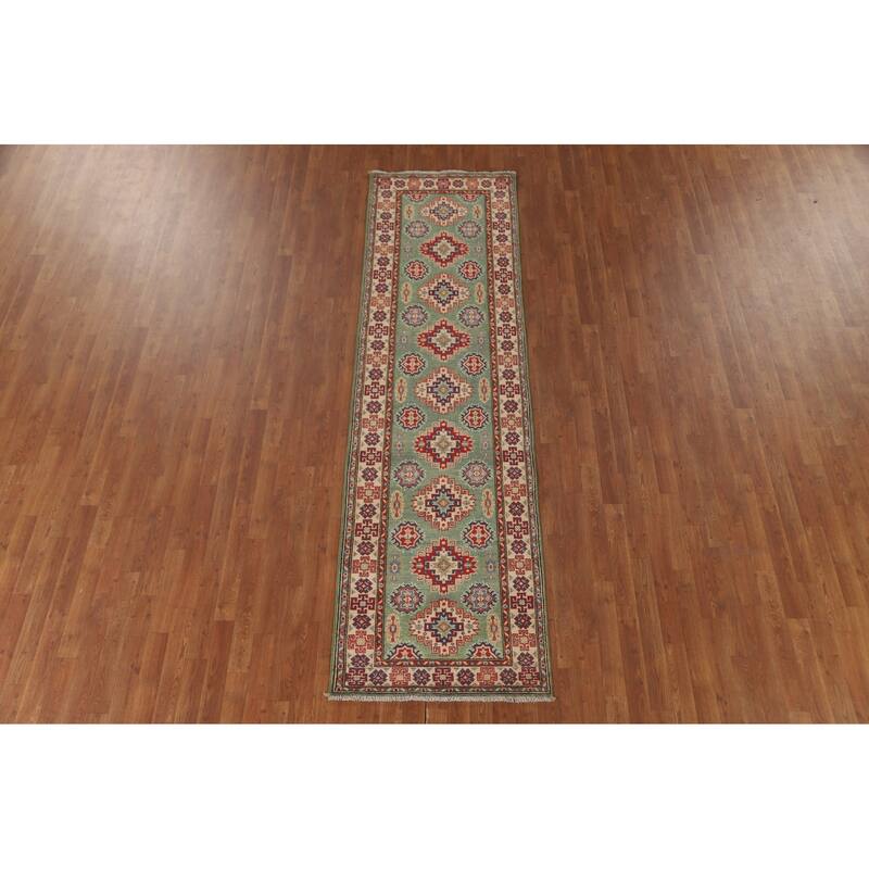 Green Kazak Runner Rug Handmade Wool Carpet - 2'8" x 9'7"