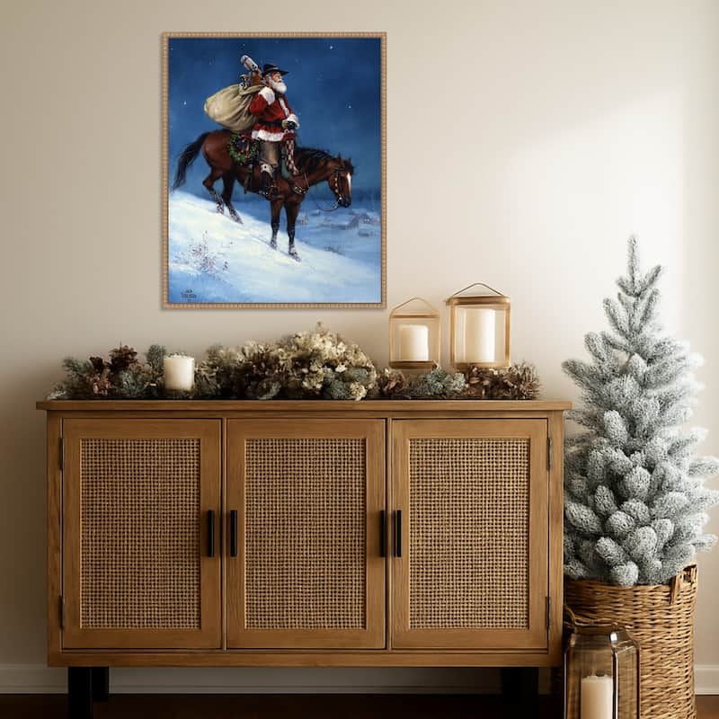 A Cowboy Christmas by Jack Sorenson (23 x 28 in.), Framed Canvas Wall Art Print - Sylvie Beaded Rustic Natural