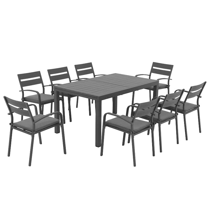 Outdoor 9-piece Aluminum Dining Set Stackable Chairs and Extendable Table