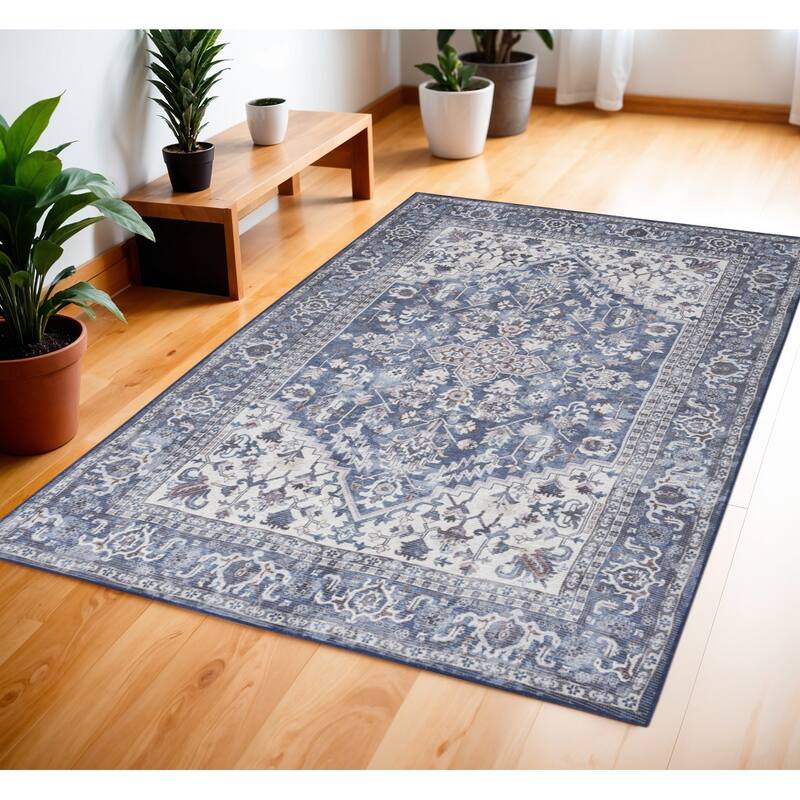 Civa Power Loomed Distressed Floral Area Rug By HomeRoots - 72' X '48' X '0.28 - 72' X '48' X '0.28 - Oxford Blue - Rectangle