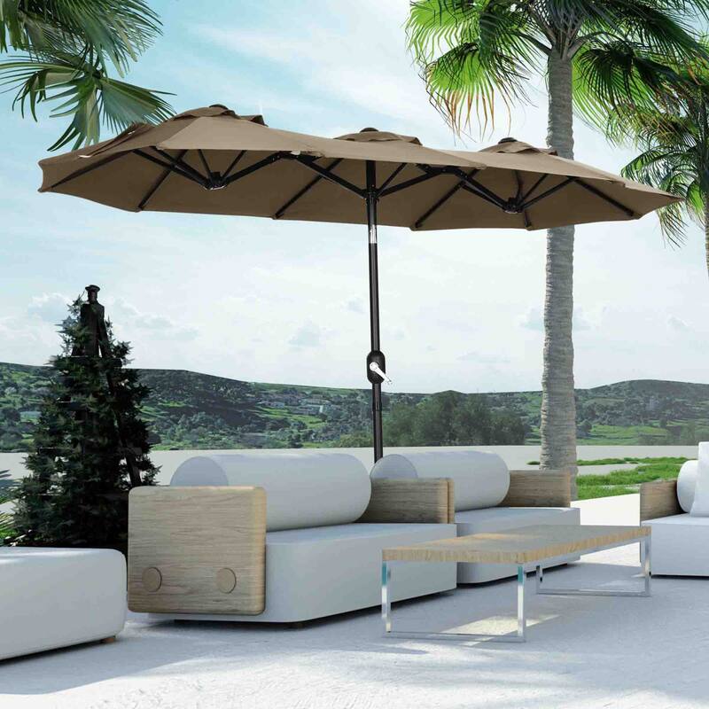 Double-sided Patio Umbrella 9.5' Large Outdoor Market Umbrella with Push Button Tilt and Crank, 3 Air Vents and 12 Ribs
