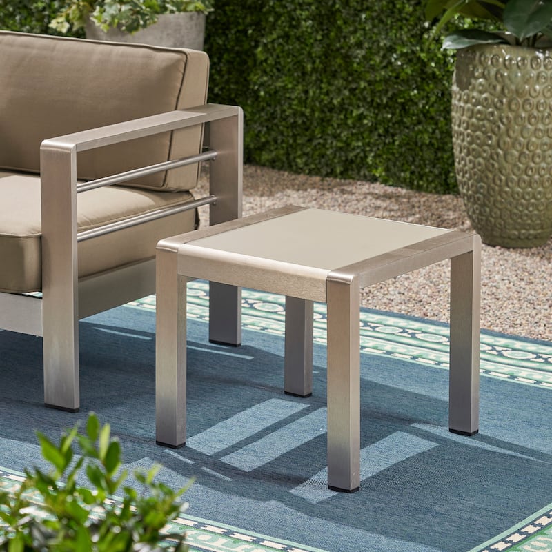 Cape Coral Outdoor Aluminum and Tempered Glass Side Table by Christopher Knight Home - Silver Finish, Matte Gray