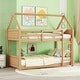 preview thumbnail 1 of 34, Twin Over Twin Low Bunk Bed with House-shaped Bed Roof Frame, Ladder, Guardrails, Headboards and Footboards For Kids Floor Bed White Oak - Twin
