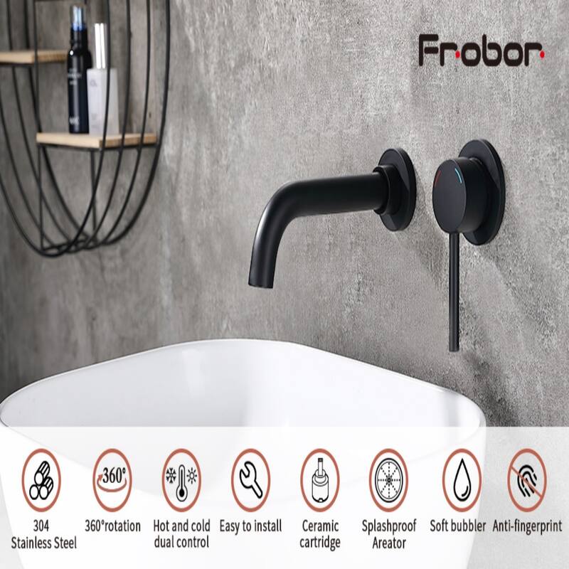 Modern Single Handle Wall Mounted 360 Degree Swivel Bathroom Sink Faucet with Ceramic Valve Core, Rust and Corrosion Resistant - Black