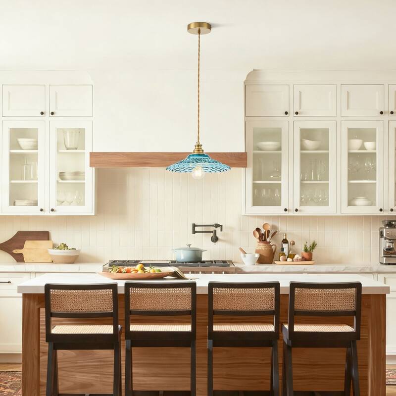 1-Light Vintage Brass & Textured Blue Glass Pendant Light for Kitchen Island - 1 Light