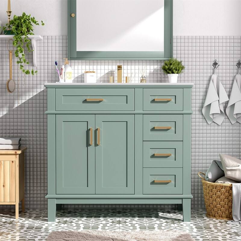 36" Bathroom Vanity with Ceramic Sink, Freestanding Bathroom Vanity Cabinet with 2 Soft Close Doors and 4 Storage Drawers