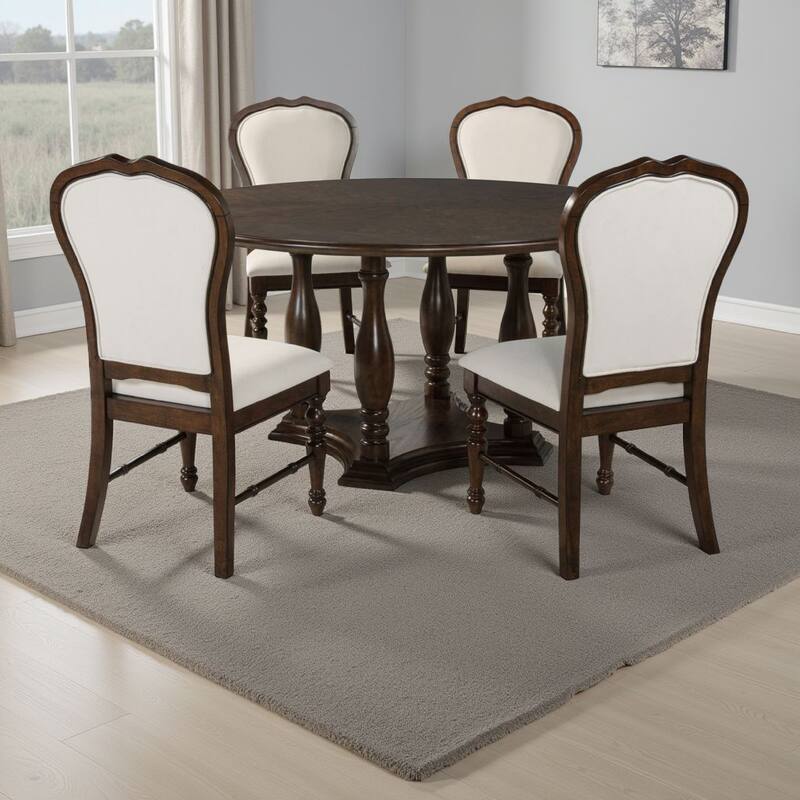 Monta 5pc Round Dining Table Set, Ivory Fabric, Cherry Brown Wood