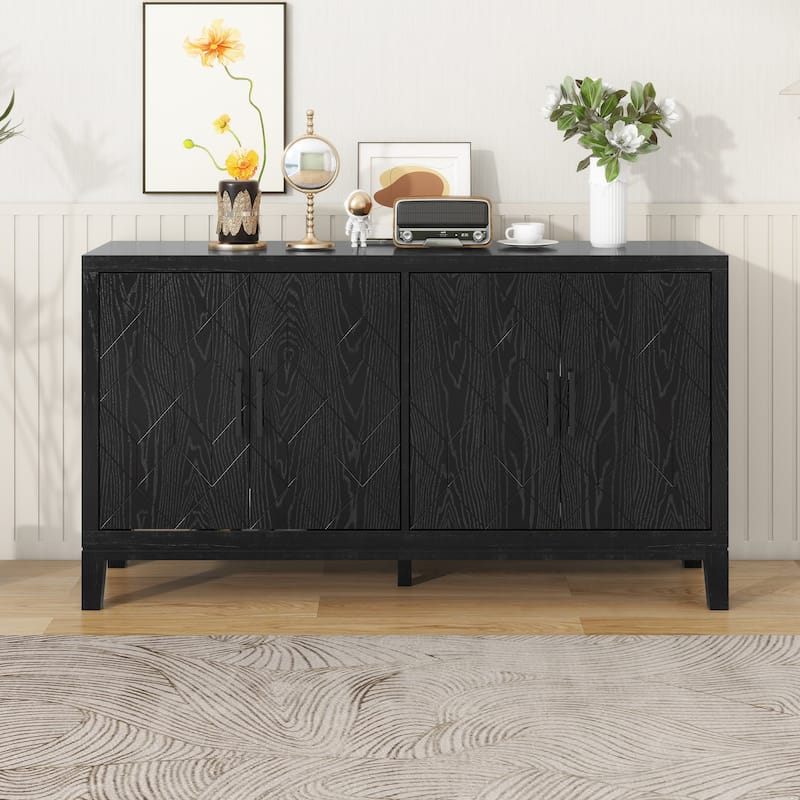 4-door Retro Sideboard with Adjustable Shelves - Black
