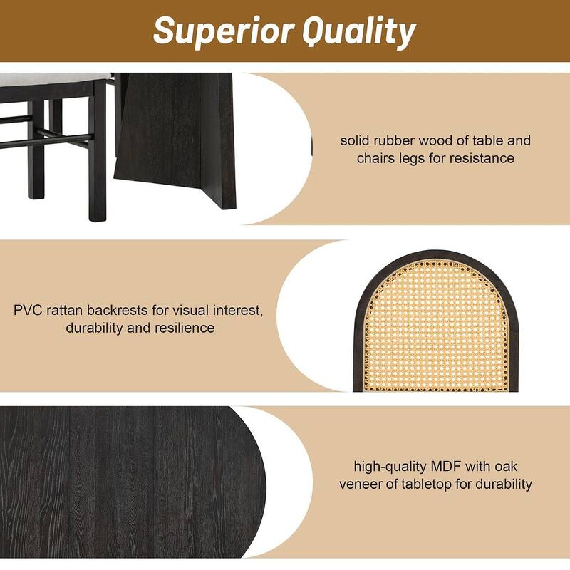 5 PCS Retro Functional Extendable Dining Set for 4 with 4 Upholstered Chairs with Rattan Backrests