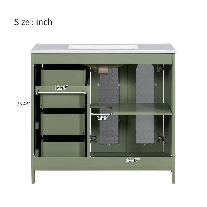 30''/36'' Bathroom Vanity with Sink, 3 Drawers Bathroom Storage Cabinet with Soft-Close Glass Door and Adjustable Shelf