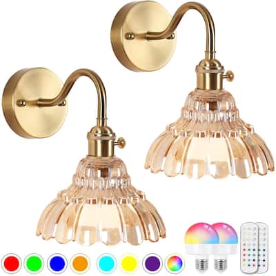 Set of two fixtures light gold bedroom light glass, metal wall light