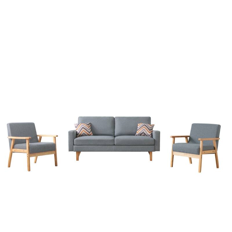 Gala 3 Piece Sofa and Chairs Set, Light Gray Fabric, 2 Pillows, Brown Wood - Brown
