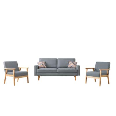 Gala 3 Piece Sofa and Chairs Set, Light Gray Fabric, 2 Pillows, Brown Wood
