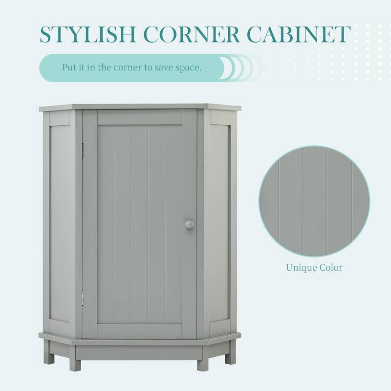 Grey Bathroom Cabinet Triangle Corner Storage Cabinet with Adjustable Shelf Modern Style MDF Board