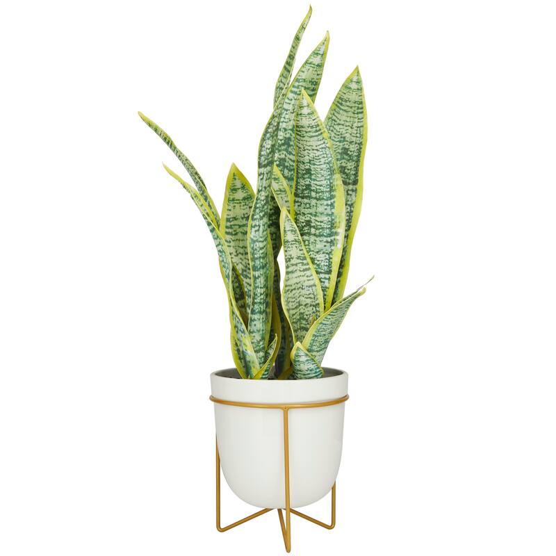 Green Faux Foliage Artificial Plant with Realistic Leaves and White Porcelain Pot and Gold Stand