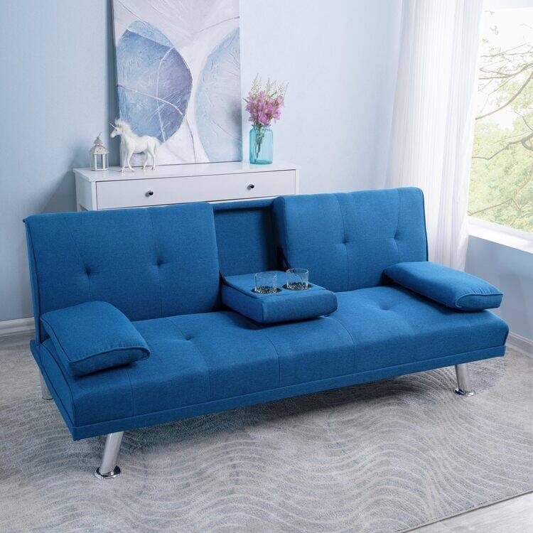 Futon Sofa Bed Couch with Armrest & Cupholders, Faux Leather Sofa Bed Couch Convertible Folding Reclining Small Couch