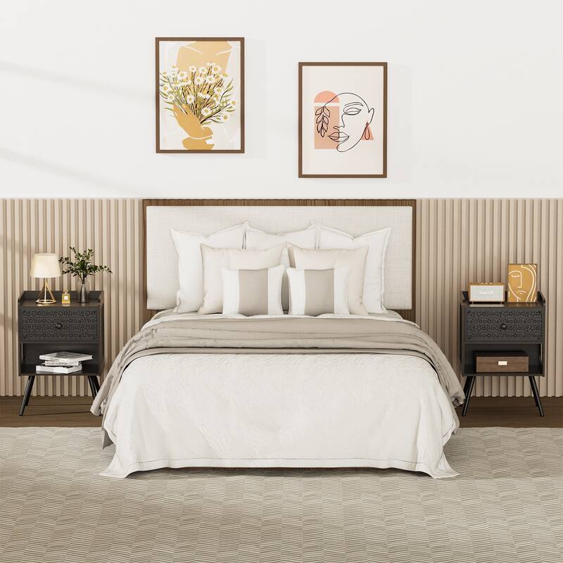 Wooden Bedside Table With Metal Legs Nightstand Set Of 2