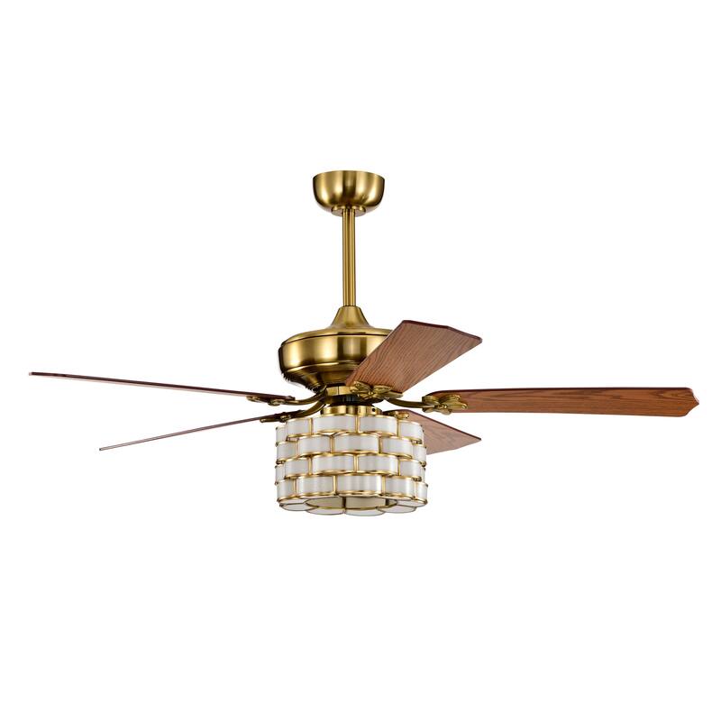 Pagamon Brass 3-Light 5-Blade Wooden Lighted Ceilng Fan with Opaque Glass Weave Shade