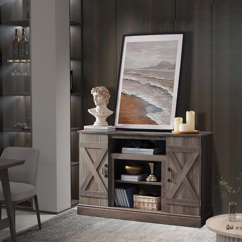 Roomfitters Farmhouse Classic Media TV Stand, Entertainment Console with 18" Electric Fireplace Insert