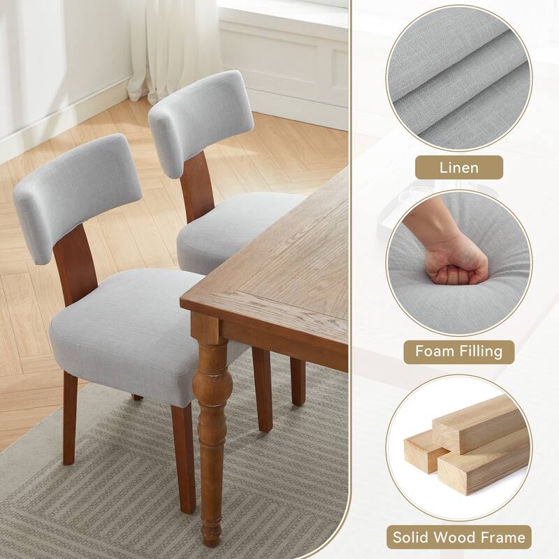 Linen Dining Chairs Set of 2, Armless Chairs with Curved Upholstered Backrest and Wooden Legs for Dining Room
