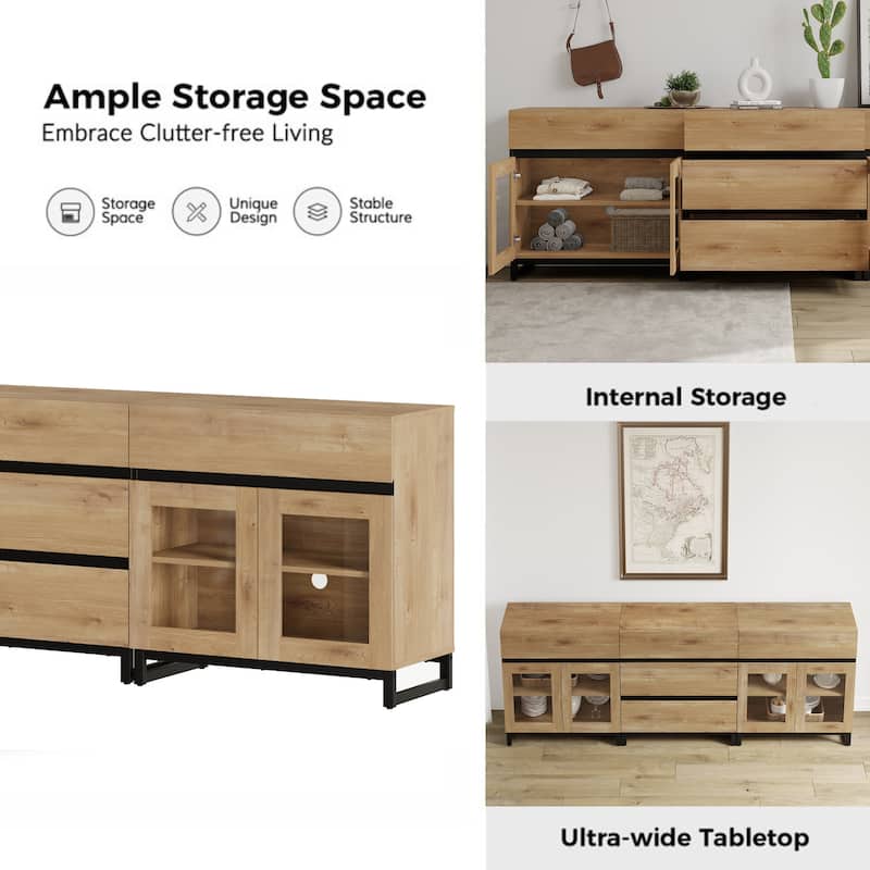 WAMPAT 3 in 1 Multifunctional Sideboard Buffet Cabinets with Glass Doors and 5 Drawers for Living Room, Kitchen