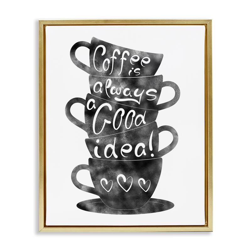 Stupell Coffee Mugs Stacked & Phrase Framed Floater Canvas Wall Art Design By Marcus Prime - 25 x 31 - Gold