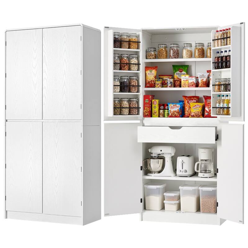 72" Tall Farmhouse Kitchen Pantry Cabinet with 8 Door Shelves, Curved Design Storage Cabinet with 3 Adjustable Shelves - White