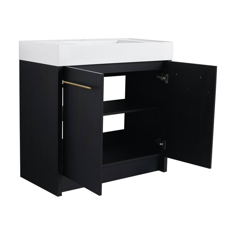 24" Bathroom Vanity with Resin Sink, Soft Close Hinges, Adjustable Storage, Black Chestnut Color, Freestanding Cabinet