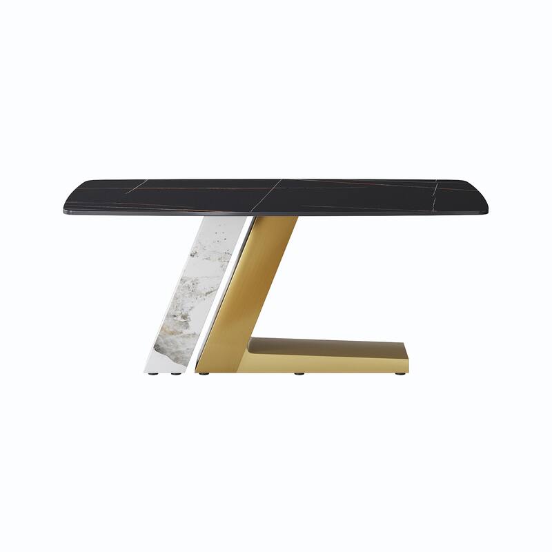Rectangle Dining Table Faux Marble Tabletop Sintered Stone Panel with Stainless Steel Pedestal