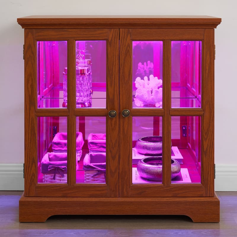 LED Curio Display Cabinet, Showcase with Adjustable Shelves & Lattice Doors, Multi-functional Glass Storage Cabinet