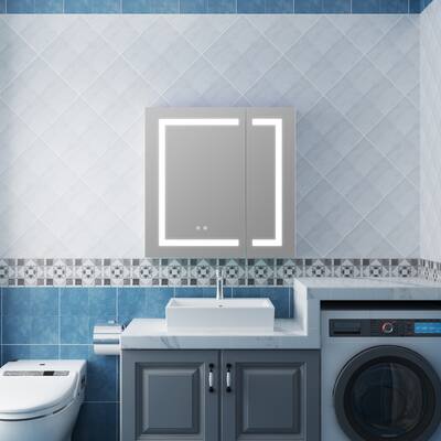 30"Height LED Bathroom Mirror Cabinet with Adjustable Glass Shelves And Anti-Fog,Both Sides Open