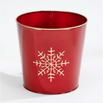 Red Galvanized Metal Christmas Planter Bucket with Snowflake Design, 9.25" Height, 9.5" Diameter, Set of 2 - 9.25