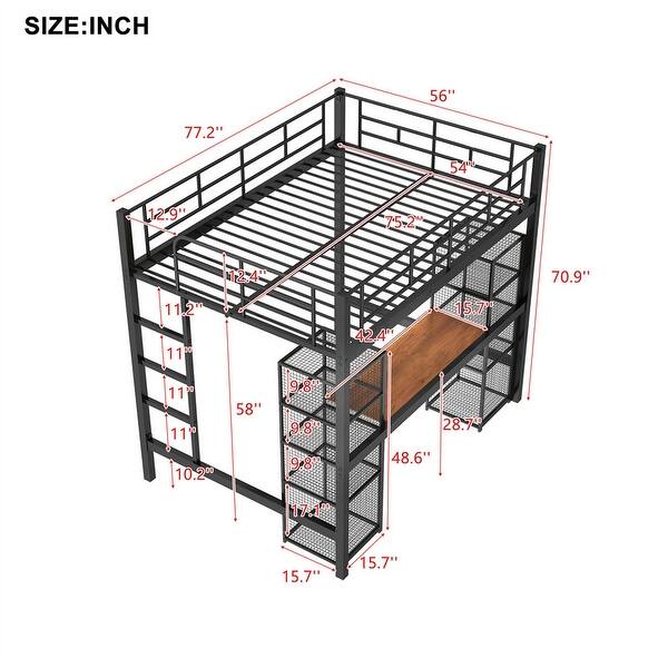 dimension image slide 1 of 2, Full Size Metal Loft Bed with Bulit-in Desk and Storage Shelves, Heavy Duty Loft Bedframe with Bulit-in Ladder and Guardrail