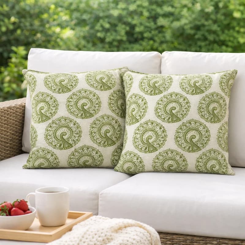 FIFI Contemporary Big Pillow Pattern Fabric, Green & Ivory, Set of 2