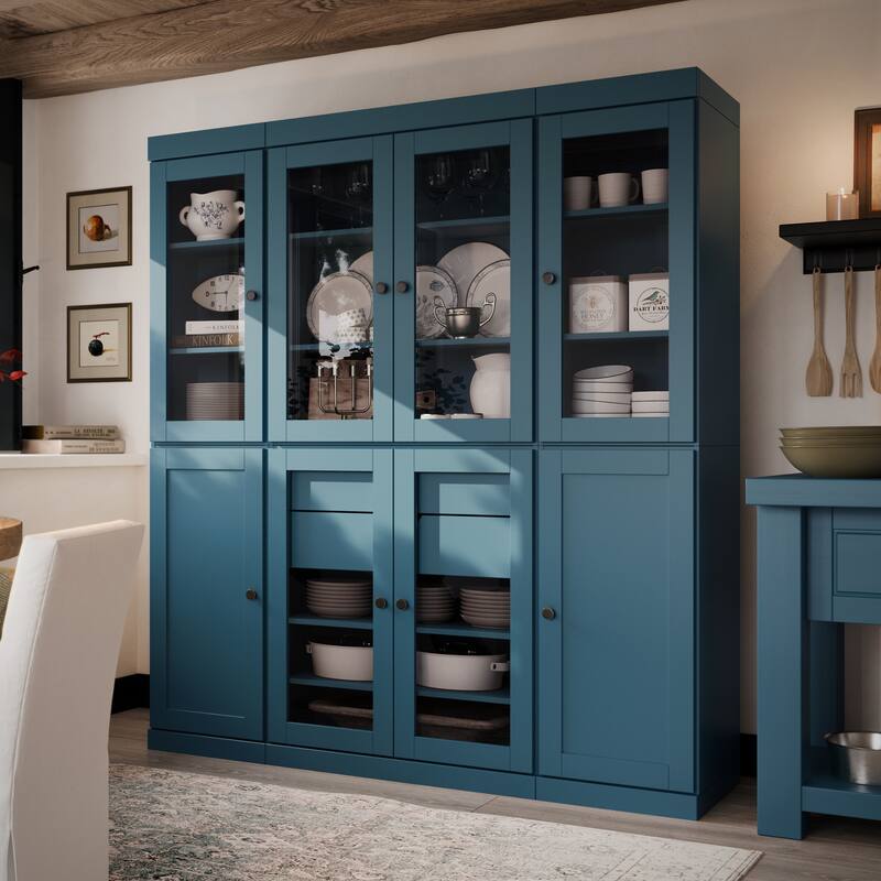 Palace Imports 100% Solid Wood 65" Pantry Cabinet with Clear Glass, Shaker Doors, 2-Drawers and Adjustable Shelves - Teal Blue