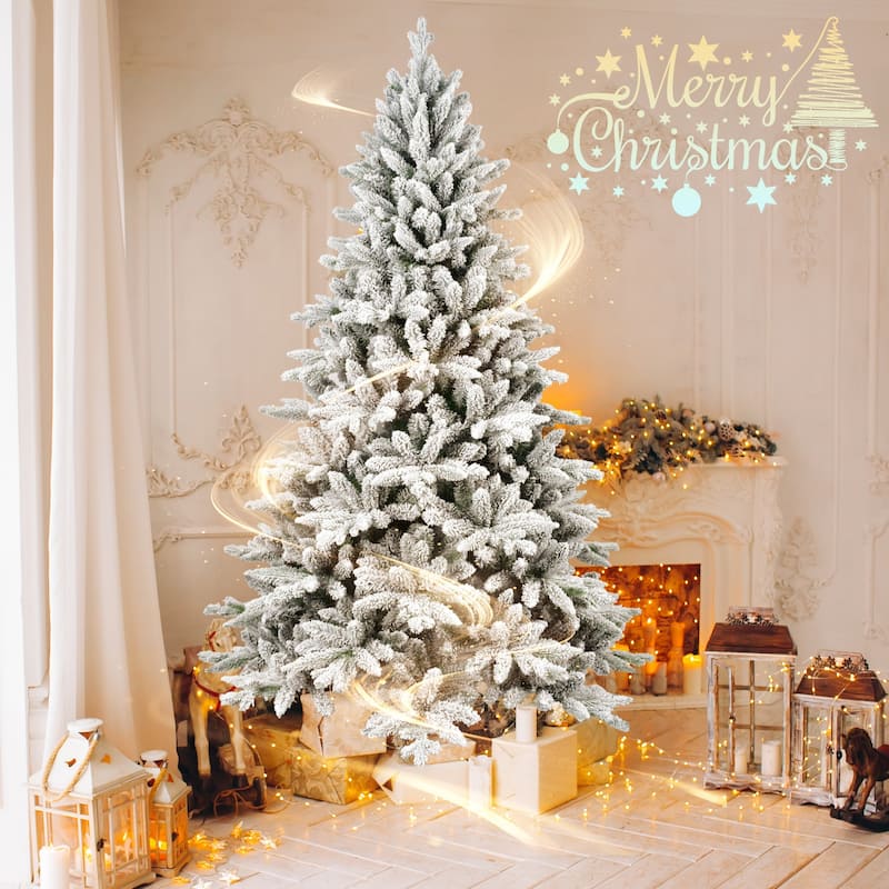 Flocked Artificial Christmas Tree - PE+PVC Snowy Branches, Hinged Structure, Metal Stand - White