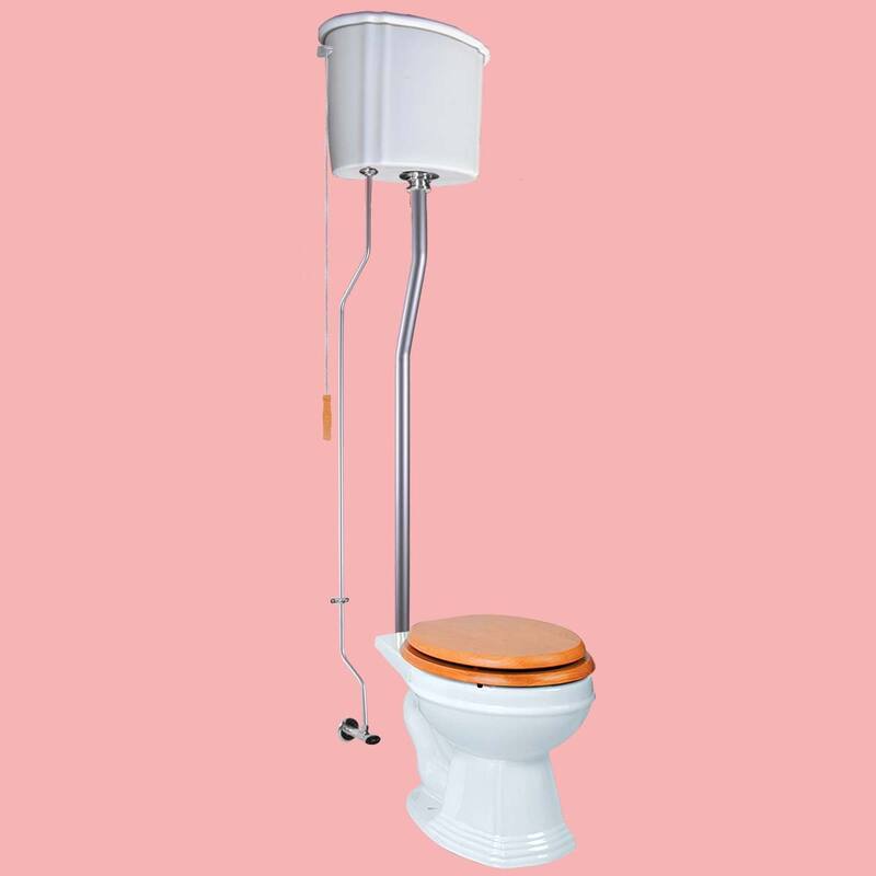 Light Oak Wooden High Tank Toilet Raised Tank, White Elongated Bowl and Satin L Pipe