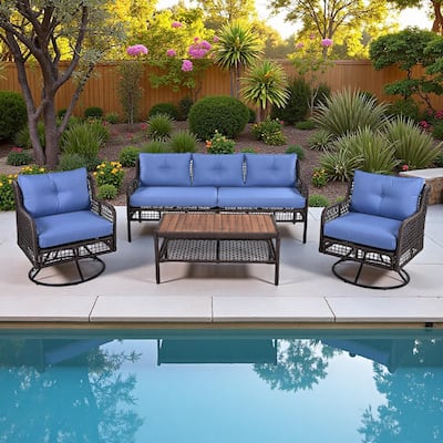 4-Pieces Outdoor Rattan Conversation Sofa Set with Swivel Chairs and Coffee Table