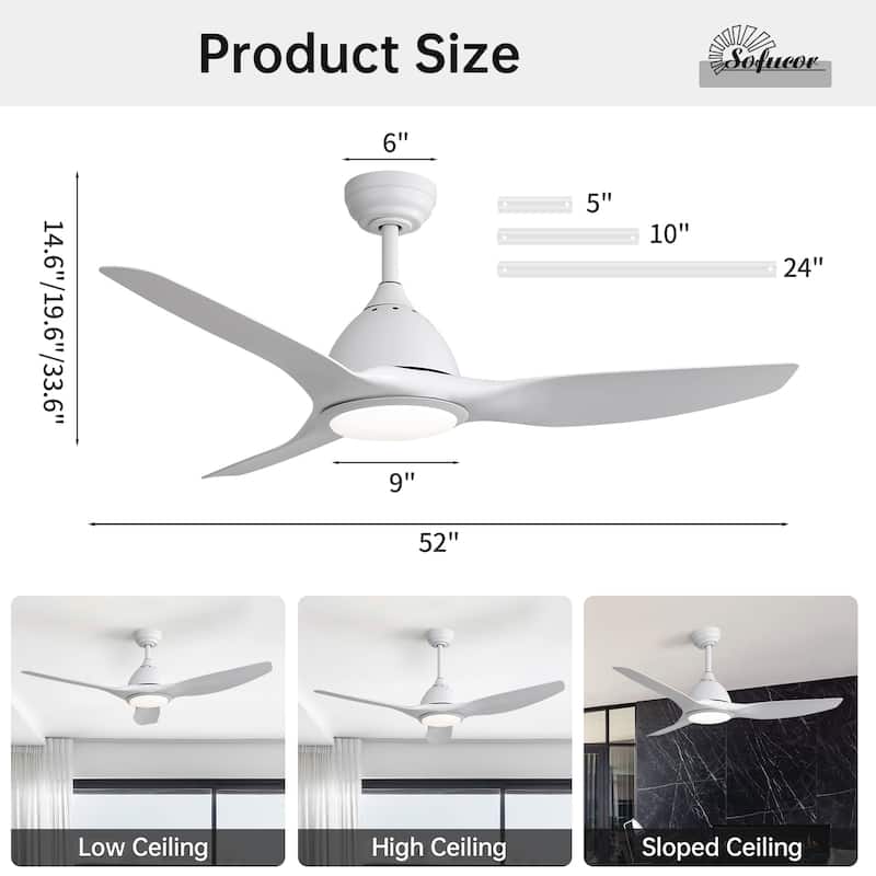 Sofucor 52" Farmhouse Indoor&Outdoor Ceiling Fan with Remote,Adjustable LED - 52Inch