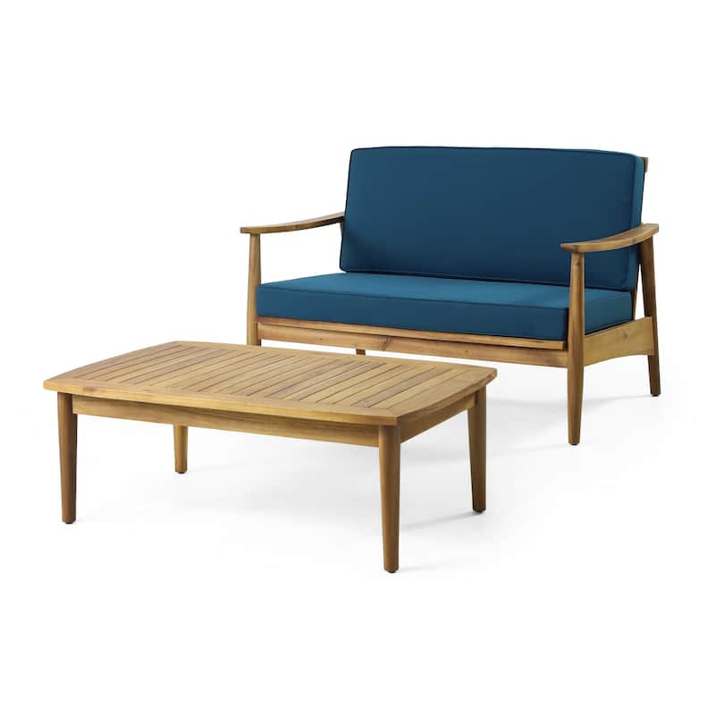 2pc Outdoor Loveseat and Table Set, Teal Cushions, Brown Wood Frame